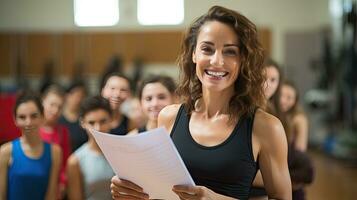 hembra físico educación profesor sostiene un sonriente gimnasio carpeta detrás su para estudiantes a ejercicio. foto