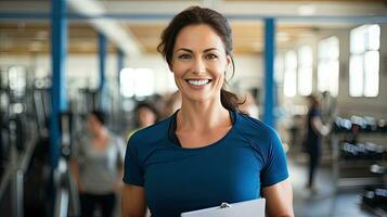 Female physical education teacher holds a Smiling Gym folder behind her for students to exercise. photo