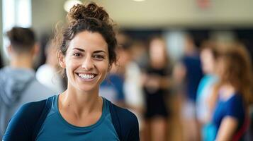 hembra físico educación profesor sostiene un sonriente gimnasio carpeta detrás su para estudiantes a ejercicio. foto