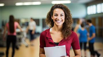 Female physical education teacher holds a Smiling Gym folder behind her for students to exercise. photo