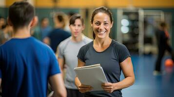 hembra físico educación profesor sostiene un sonriente gimnasio carpeta detrás su para estudiantes a ejercicio. foto