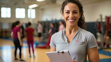 hembra físico educación profesor sostiene un sonriente gimnasio carpeta detrás su para estudiantes a ejercicio. foto