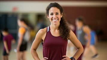 hembra físico educación profesor sostiene un sonriente gimnasio carpeta detrás su para estudiantes a ejercicio. foto