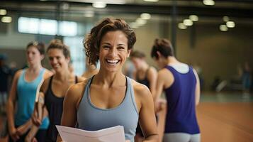 hembra físico educación profesor sostiene un sonriente gimnasio carpeta detrás su para estudiantes a ejercicio. foto