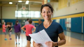 Female physical education teacher holds a Smiling Gym folder behind her for students to exercise. photo