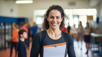 hembra físico educación profesor sostiene un sonriente gimnasio carpeta detrás su para estudiantes a ejercicio. foto