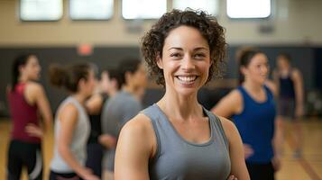 Female physical education teacher holds a Smiling Gym folder behind her for students to exercise. photo