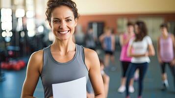 hembra físico educación profesor sostiene un sonriente gimnasio carpeta detrás su para estudiantes a ejercicio. foto