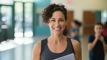 hembra físico educación profesor sostiene un sonriente gimnasio carpeta detrás su para estudiantes a ejercicio. foto