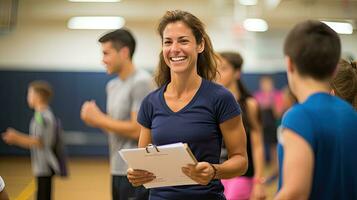 hembra físico educación profesor sostiene un sonriente gimnasio carpeta detrás su para estudiantes a ejercicio. foto