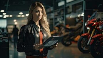 A saleswoman holds a Smiling Gym file. Behind it is a new big bike in the showroom. photo