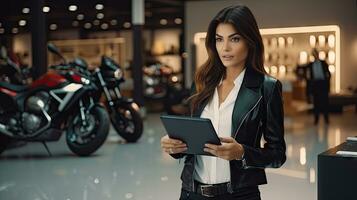 A saleswoman holds a Smiling Gym file. Behind it is a new big bike in the showroom. photo