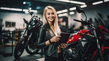 A saleswoman holds a Smiling Gym file. Behind it is a new big bike in the showroom. photo