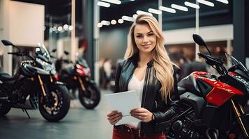 A saleswoman holds a Smiling Gym file. Behind it is a new big bike in the showroom. photo