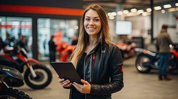 A saleswoman holds a Smiling Gym file. Behind it is a new big bike in the showroom. photo