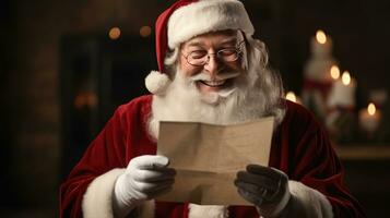 Papa Noel claus sostiene un mensaje de felicidad mirando a el cámara, sonriente felizmente foto