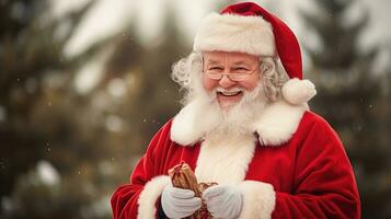 Papa Noel claus sostiene un mensaje de felicidad mirando a el cámara, sonriente felizmente foto