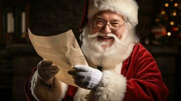 Papa Noel claus sostiene un mensaje de felicidad mirando a el cámara, sonriente felizmente foto