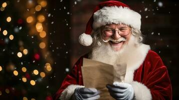 Papa Noel claus sostiene un mensaje de felicidad mirando a el cámara, sonriente felizmente foto