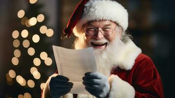 Papa Noel claus sostiene un mensaje de felicidad mirando a el cámara, sonriente felizmente foto