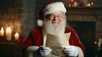 Papa Noel claus sostiene un mensaje de felicidad mirando a el cámara, sonriente felizmente foto