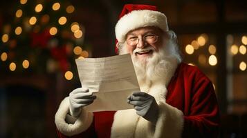 Santa Claus holds a message of happiness Looking at the camera, smiling happily photo