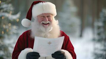 Papa Noel claus sostiene un mensaje de felicidad mirando a el cámara, sonriente felizmente foto