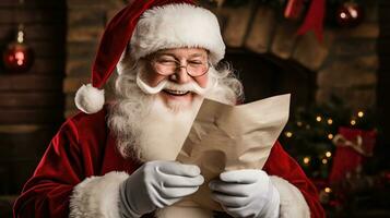 Papa Noel claus sostiene un mensaje de felicidad mirando a el cámara, sonriente felizmente foto