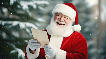 Papa Noel claus sostiene un mensaje de felicidad mirando a el cámara, sonriente felizmente foto