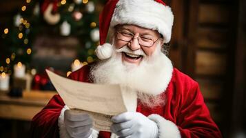 Papa Noel claus sostiene un mensaje de felicidad mirando a el cámara, sonriente felizmente foto