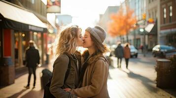 lesbiana Pareja besos durante un romántico fecha a puesta de sol en el calles de Madrid foto