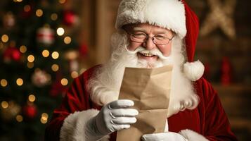 Papa Noel claus sostiene un mensaje de felicidad mirando a el cámara, sonriente felizmente foto