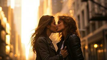 Lesbian couple kissing during a romantic date at sunset on the streets of Madrid photo