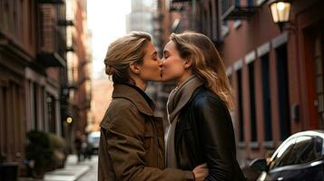 lesbiana Pareja besos durante un romántico fecha a puesta de sol en el calles de Madrid foto