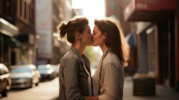 Lesbian couple kissing during a romantic date at sunset on the streets of Madrid photo