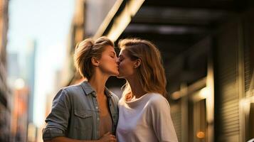 Lesbian couple kissing during a romantic date at sunset on the streets of Madrid photo