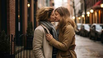 lesbiana Pareja besos durante un romántico fecha a puesta de sol en el calles de Madrid foto