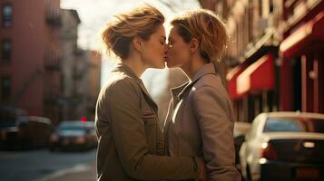 Lesbian couple kissing during a romantic date at sunset on the streets of Madrid photo