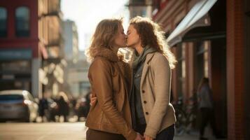 Lesbian couple kissing during a romantic date at sunset on the streets of Madrid photo