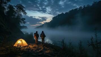 Night camping on the banks of male and female hikers There is thick fog along the river. photo