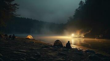 Night camping on the banks of male and female hikers There is thick fog along the river. photo