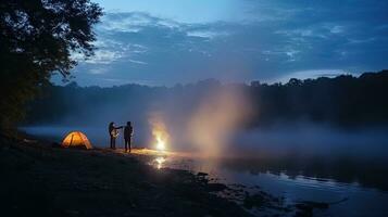 Night camping on the banks of male and female hikers There is thick fog along the river. photo