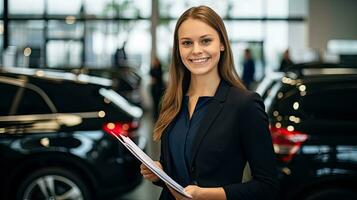 Best female salesperson at consultant, dealer or manager in elegant suit with sales work manual. photo