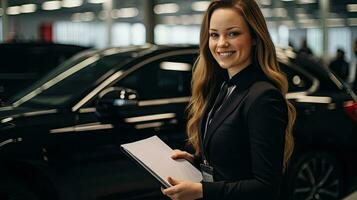 Best female salesperson at consultant, dealer or manager in elegant suit with sales work manual. photo