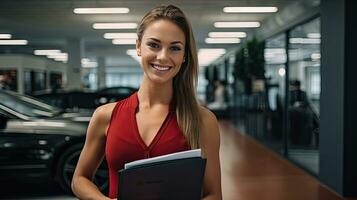 Best female salesperson at consultant, dealer or manager in elegant suit with sales work manual. photo