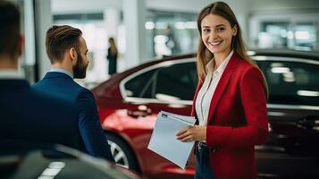 Best female salesperson at consultant, dealer or manager in elegant suit with sales work manual. photo
