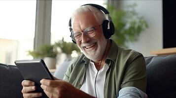 Senior man wearing headphones making a video call on a tablet photo