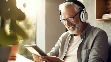 Senior man wearing headphones making a video call on a tablet photo