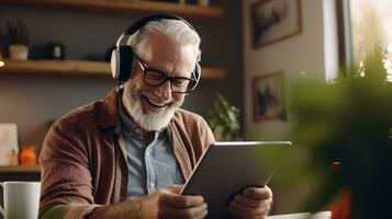 Senior man wearing headphones making a video call on a tablet photo