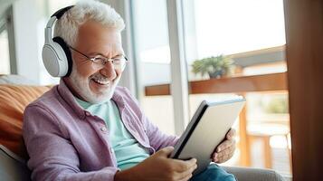Senior man wearing headphones making a video call on a tablet photo